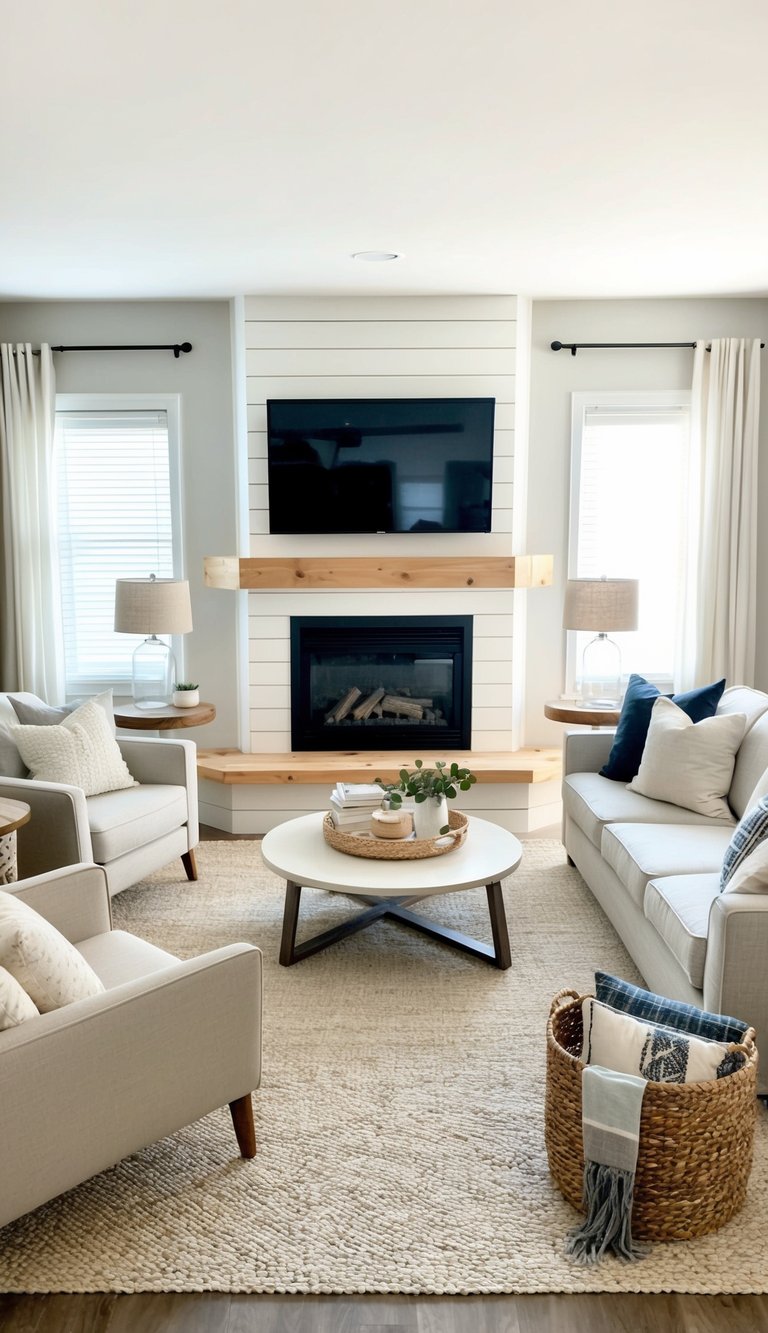 Corner fireplace idea with white vertical shiplap surround, natural wood mantel beam, mounted TV, and symmetrical modern farmhouse seating layout.