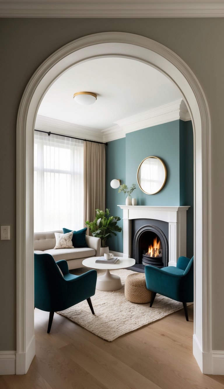 View through an arched doorway highlighting a corner fireplace idea with white traditional mantel, teal accent wall, and upholstered seating in a transitional living room.