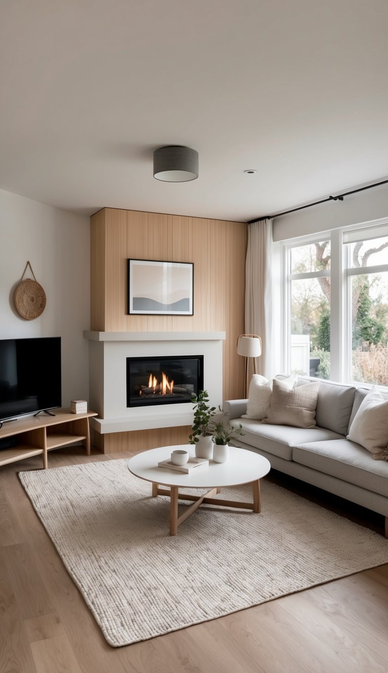 Natural wood slat wall framing a modern gas fireplace with white mantel, illustrating a refined corner fireplace idea in a bright Nordic living space.