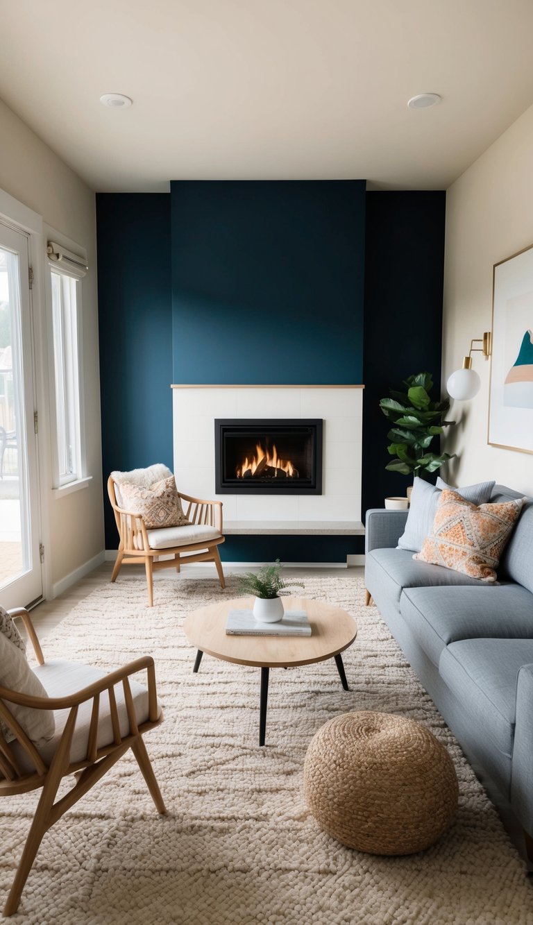 Modern living room featuring a teal color-blocked fireplace wall with white surround and built-in gas firebox as a striking corner fireplace idea.