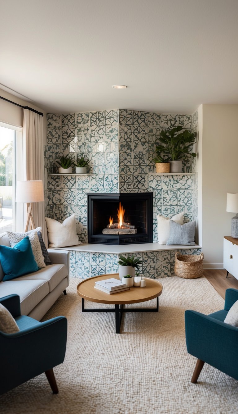 Artisan tile-clad corner fireplace idea with blue-green patterned walls, black gas firebox, built-in bench, and cozy contemporary seating arrangement.