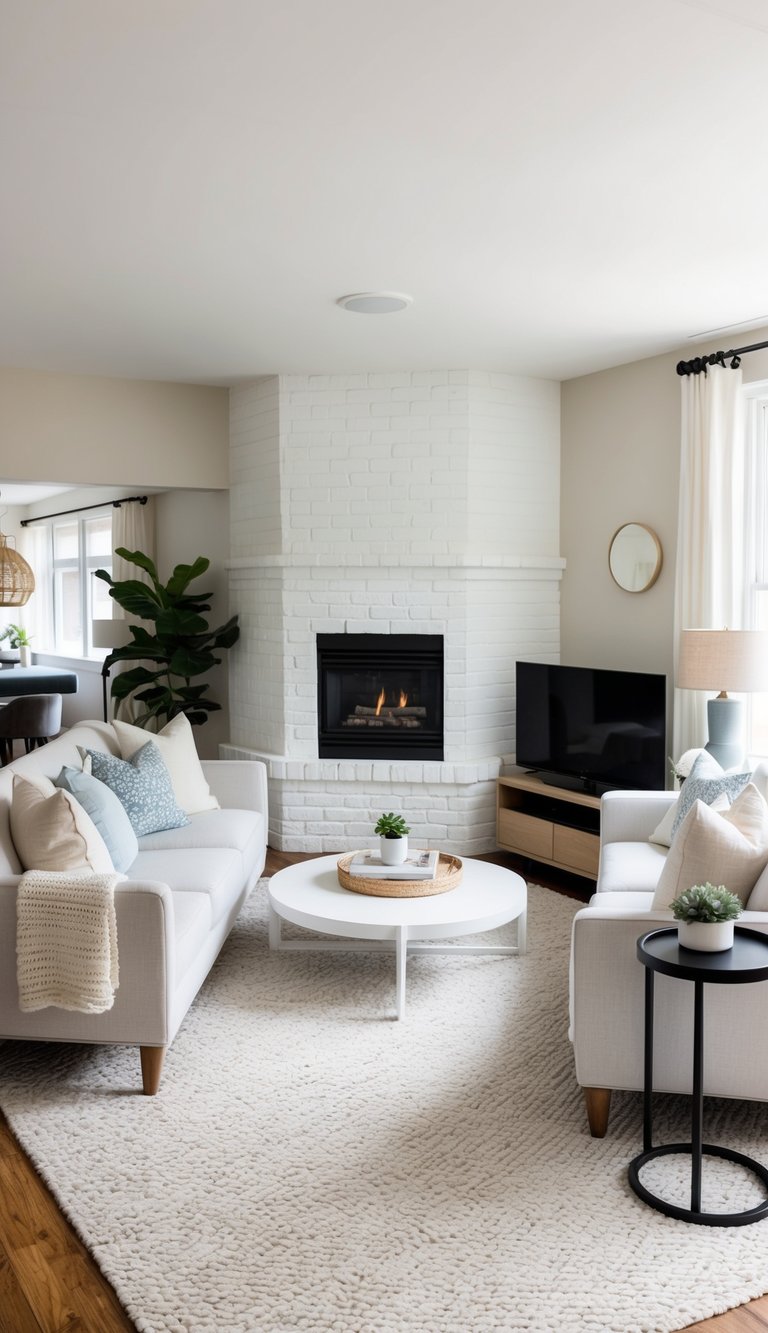 White-painted brick corner fireplace idea with angled chimney breast, black gas insert, neutral sofas, and soft textured rug in a bright living room.