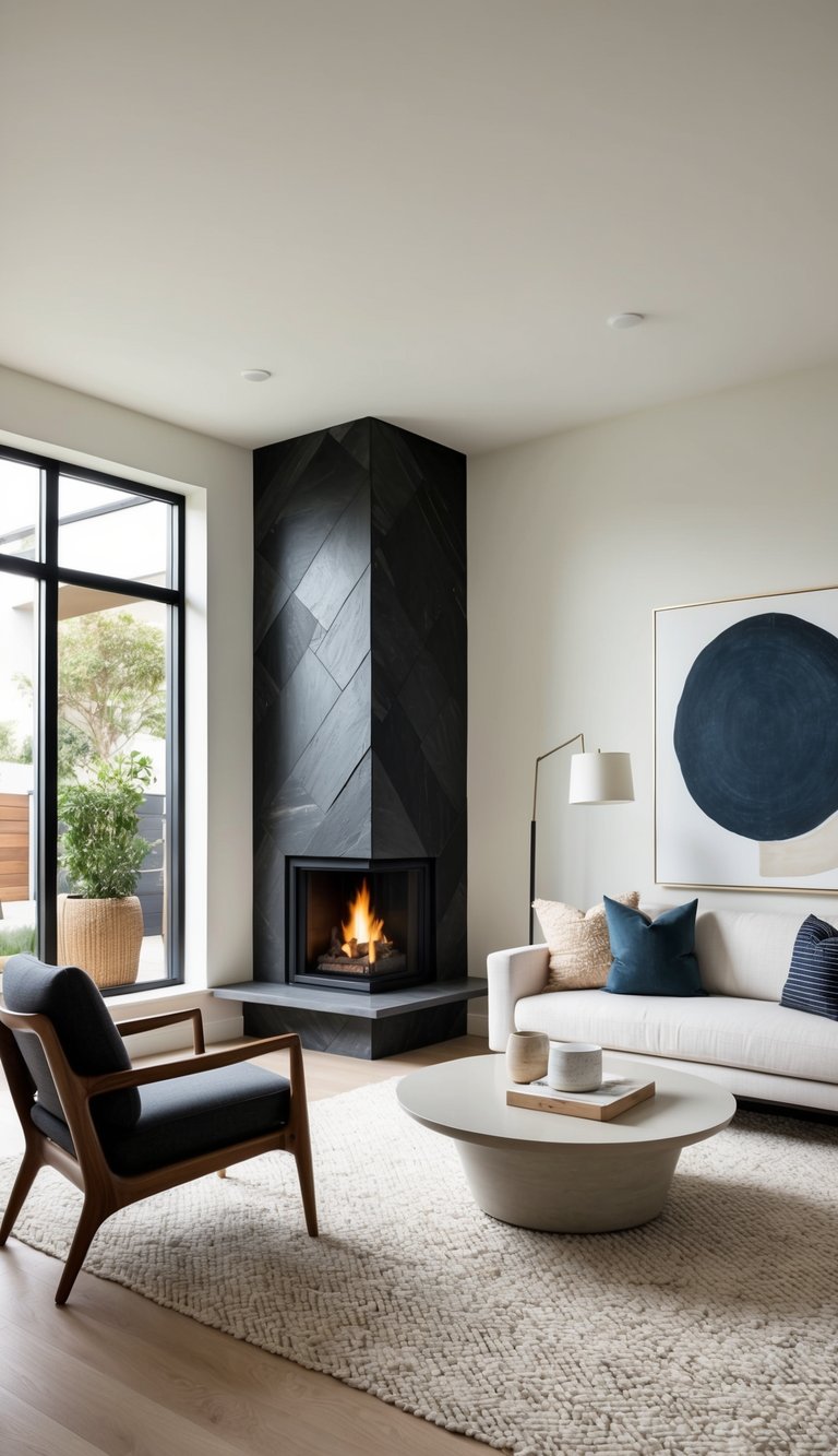 Modern corner fireplace idea with dark slate tile chimney, diagonal tile layout, black firebox insert, and neutral Scandinavian-style seating.