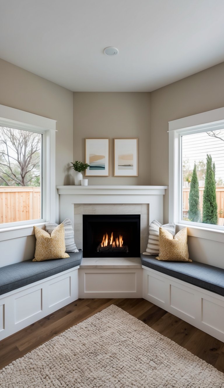 Corner fireplace idea with built-in bench seating, white mantel, light stone surround, and symmetrical windows creating a cozy nook layout.