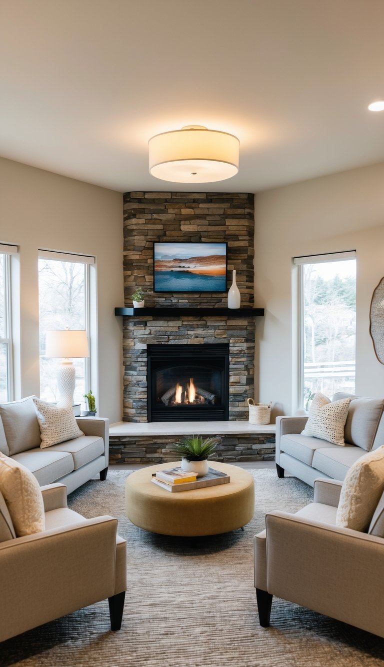 Modern lodge style corner fireplace idea with stacked stone surround, black mantel, gas insert, and neutral armchairs arranged symmetrically.