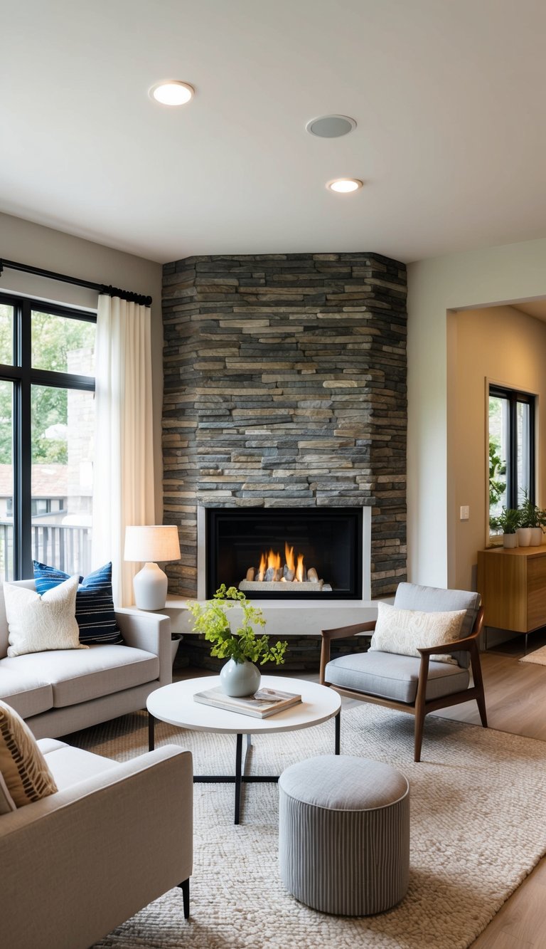 Corner fireplace idea with angled stacked stone surround, black gas insert, light hearth ledge, and modern neutral seating arrangement.