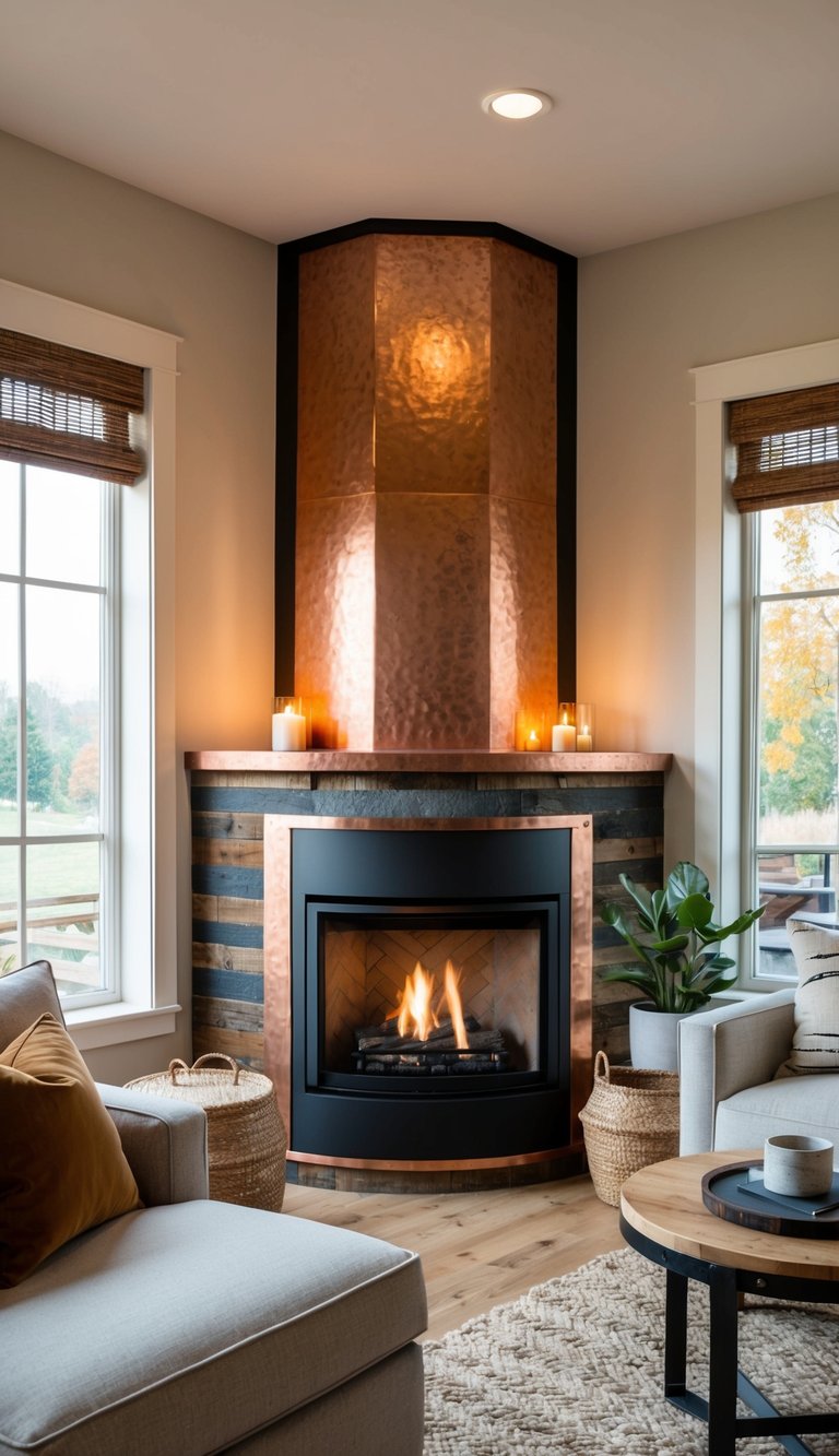 Corner fireplace idea with hammered copper chimney breast, curved black gas insert, copper trim, and rustic wood accent paneling.