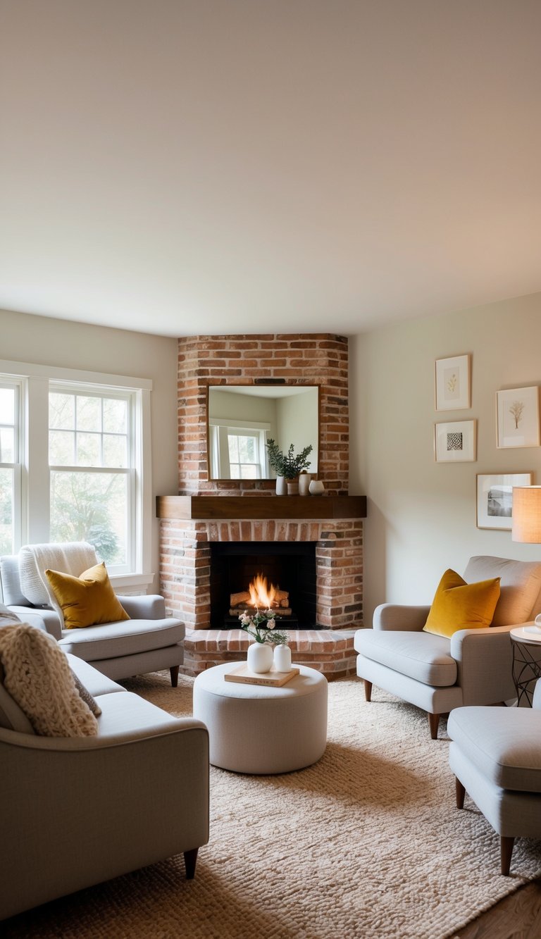 Rustic corner fireplace idea with curved brick surround, wooden mantel beam, black fireplace insert, and soft neutral lounge furniture.