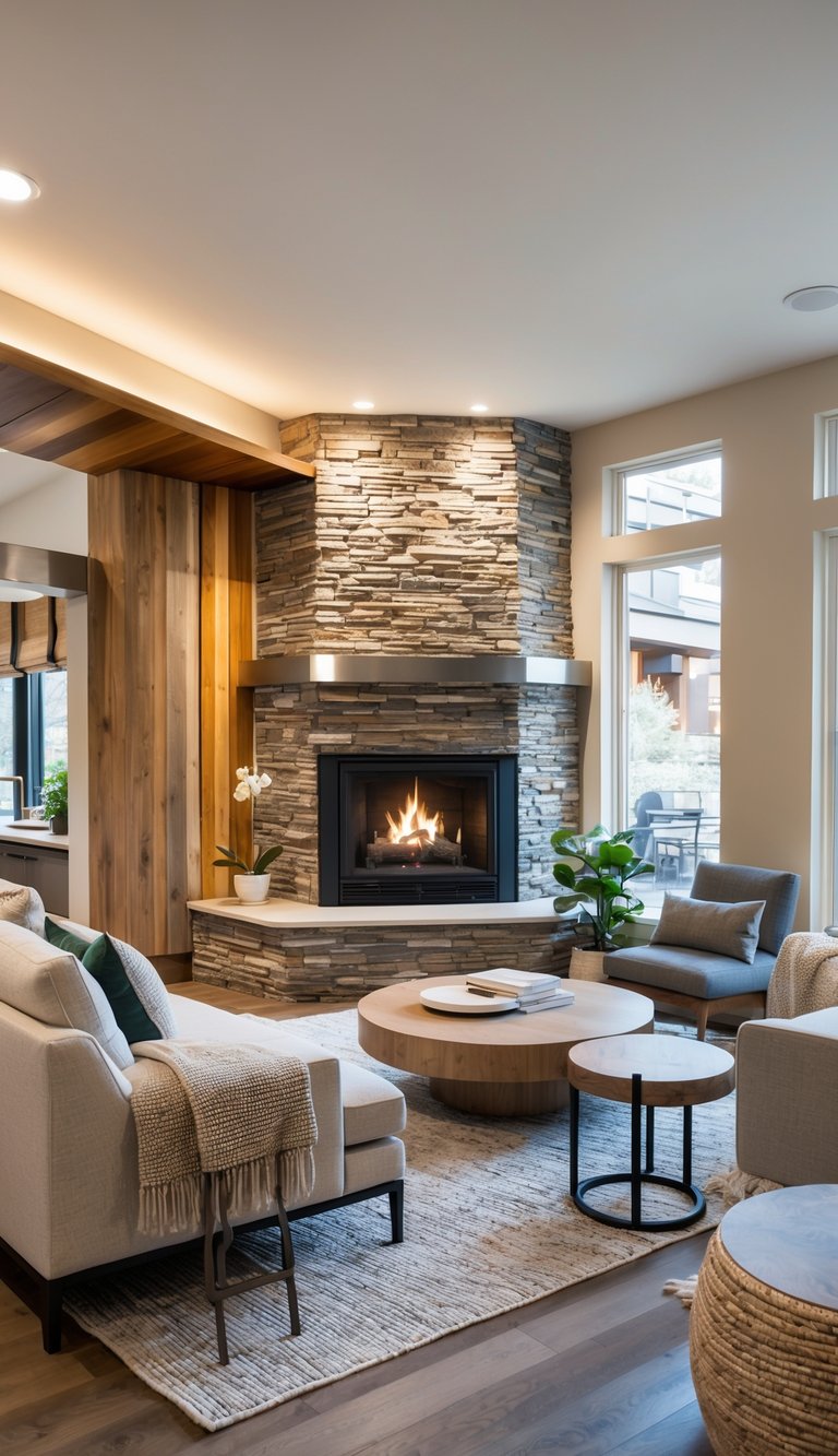 A modern living room featuring a stone fireplace, large windows, and a neutral color palette. There are two comfortable sofas, a round wooden coffee table, and various decorative plants enhancing the cozy ambiance.