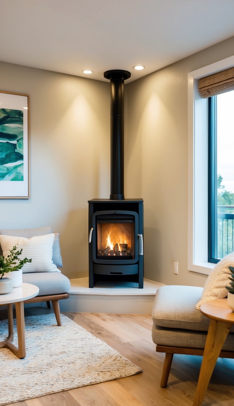 Scandinavian corner fireplace idea with black freestanding wood stove, ceiling-mounted flue pipe, recessed lighting, and light wood flooring.