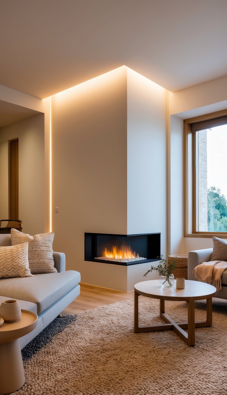 Modern corner fireplace idea with floating two-sided glass gas insert, concealed LED cove lighting, and minimalist white plaster surround in a contemporary living room.