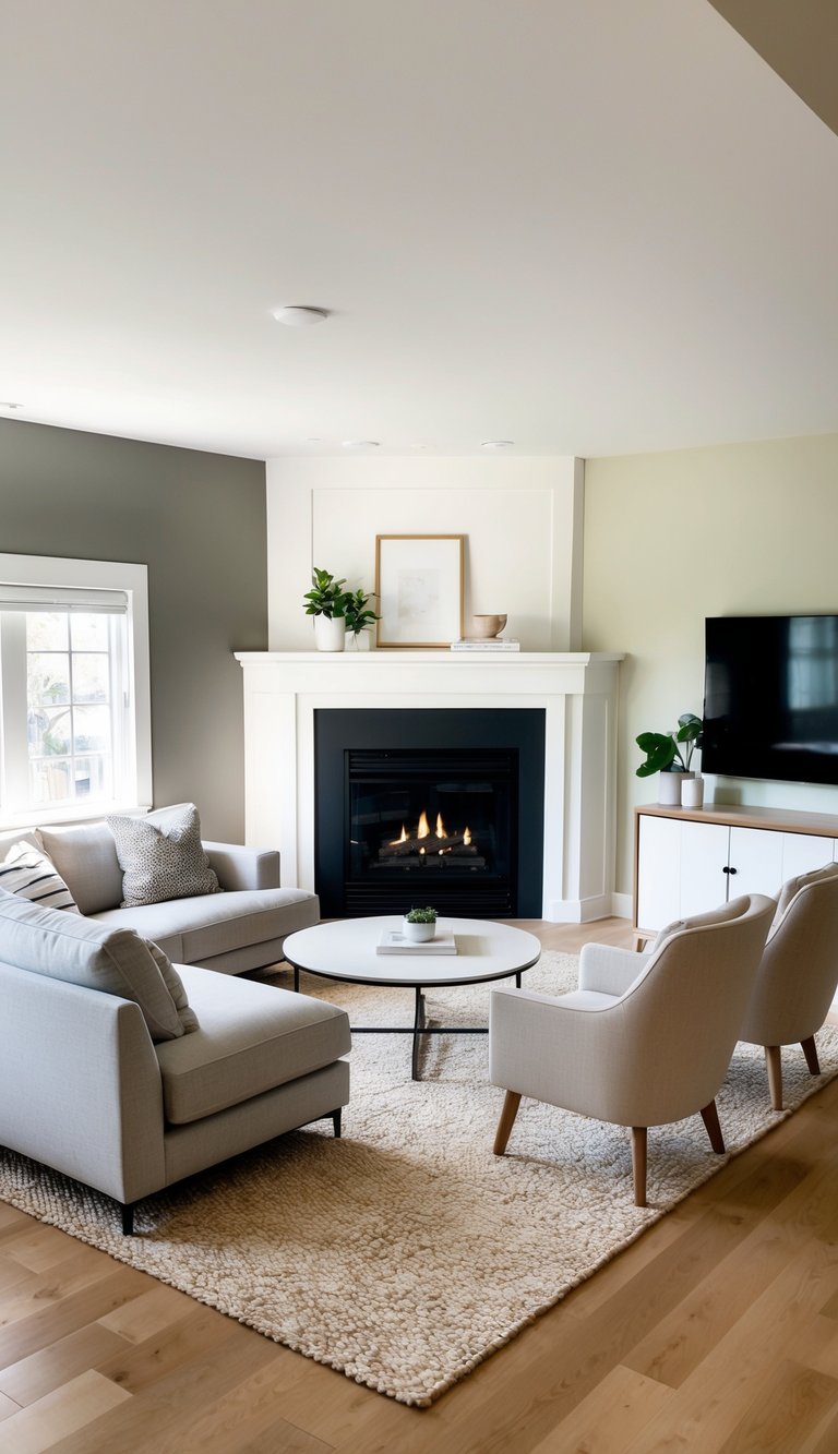 Traditional corner fireplace idea with white mantel, dark charcoal surround, black gas insert, and neutral modern living room furniture.