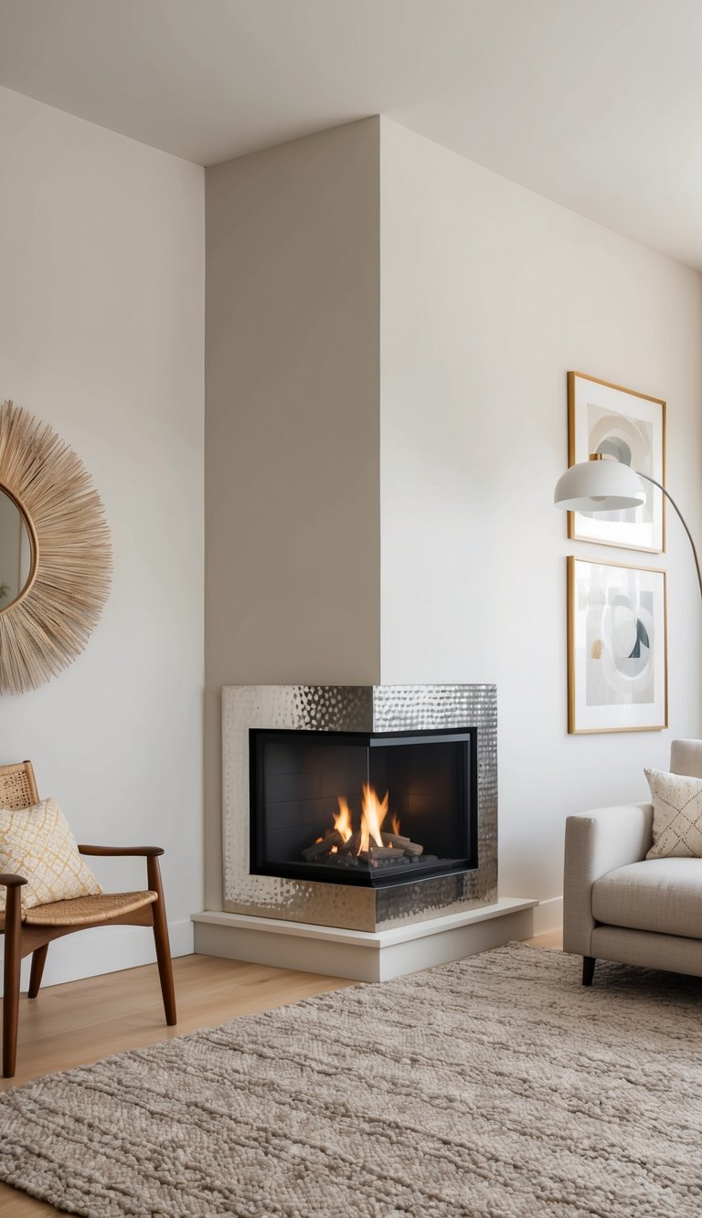 Modern corner fireplace idea featuring a textured metal surround, double-sided glass gas fireplace, and minimalist beige living room.