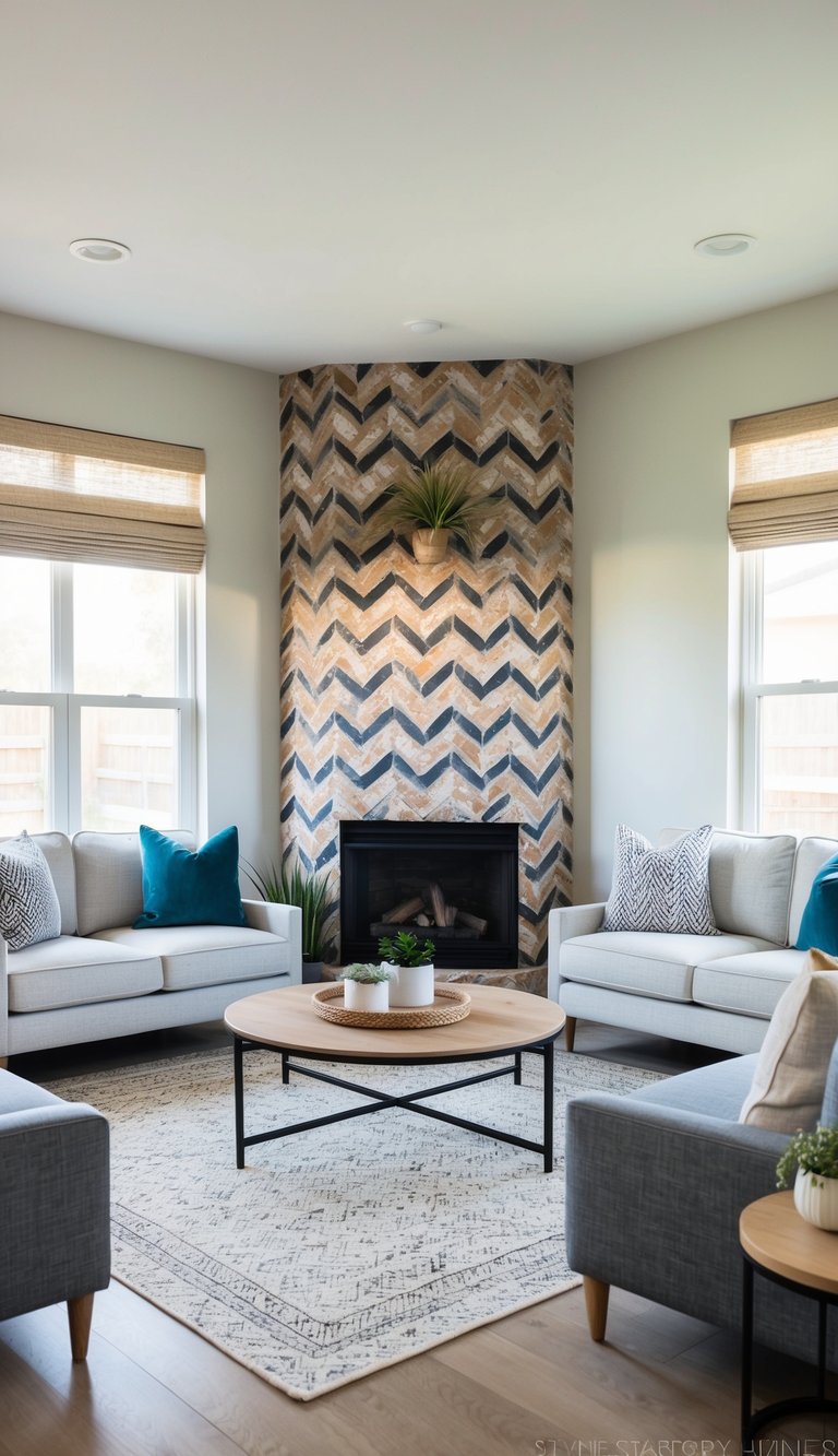 Contemporary corner fireplace idea with zigzag tile surround, centered black fireplace insert, round wood coffee table, and bright symmetrical layout.