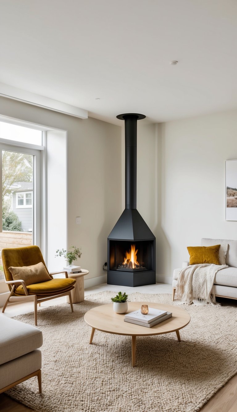 Contemporary corner fireplace idea with compact black freestanding stove, white hearth base, and bright neutral living room design.