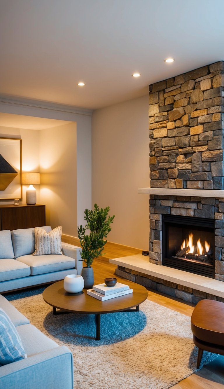 Rustic corner fireplace idea with stacked natural stone surround, floating mantel shelf, extended hearth ledge, and modern neutral living room seating.