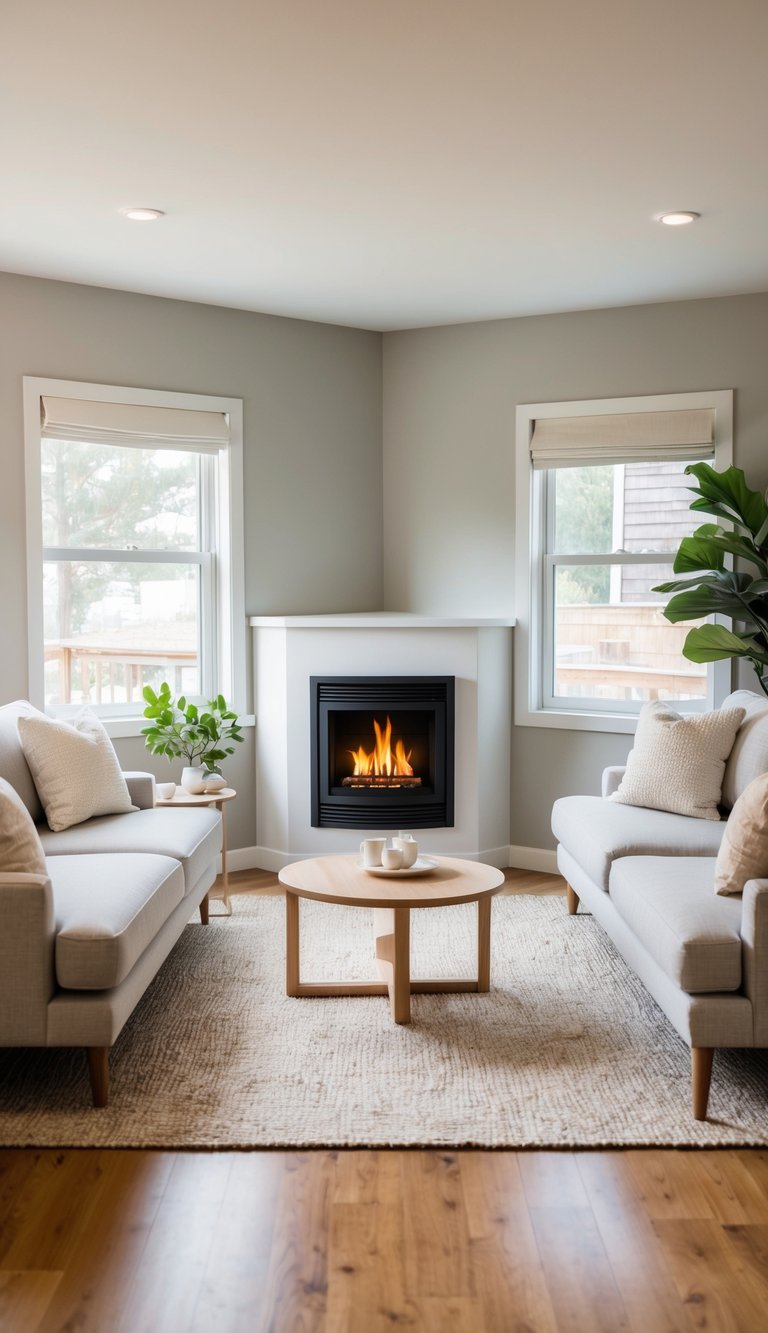 Bright corner fireplace idea with centered white mantel, black fireplace insert, twin windows, and cozy neutral seating arrangement.