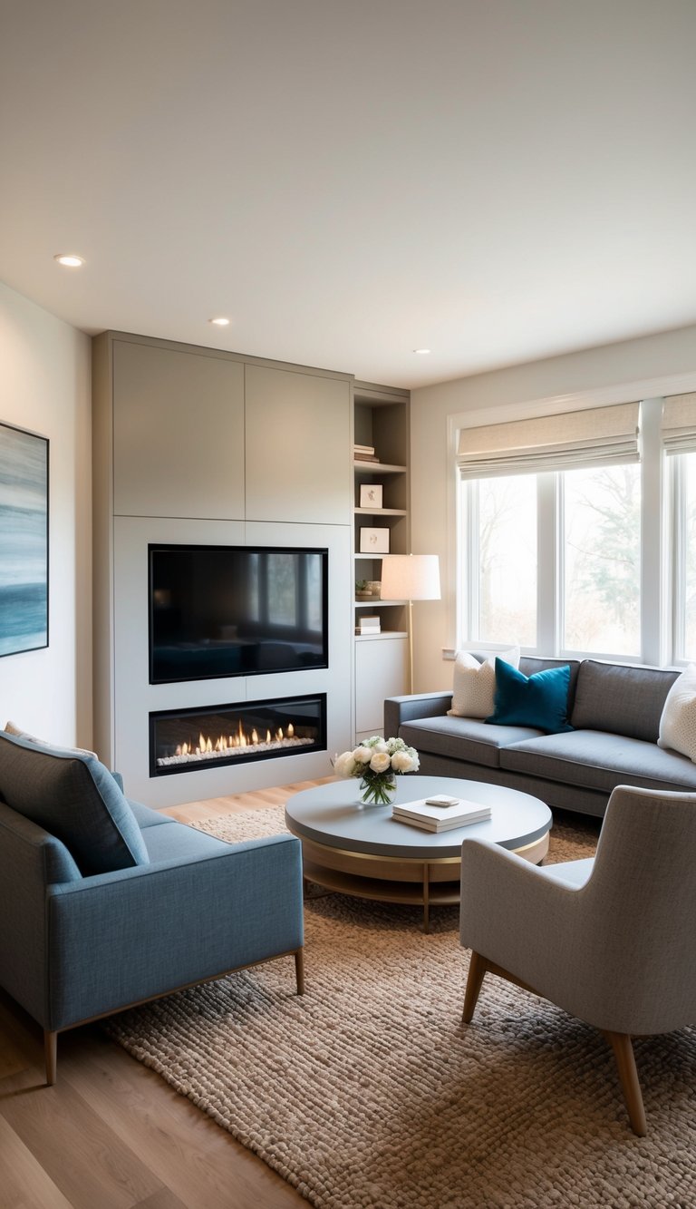 Modern corner fireplace idea with built-in cabinetry, wall-mounted TV above linear gas fireplace, and neutral contemporary living room seating.