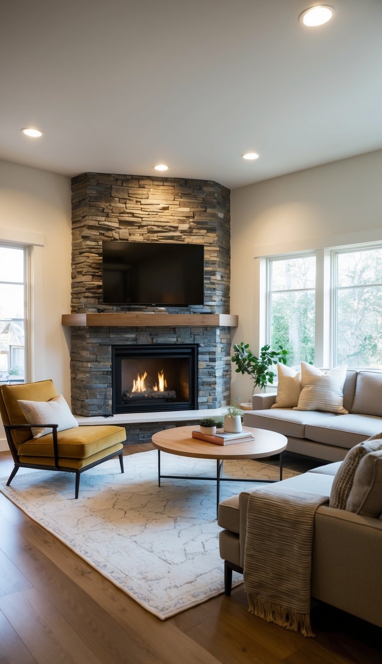 Rustic modern corner fireplace idea featuring floor-to-ceiling stacked stone, wood mantel shelf, wall-mounted TV, and contemporary furniture.