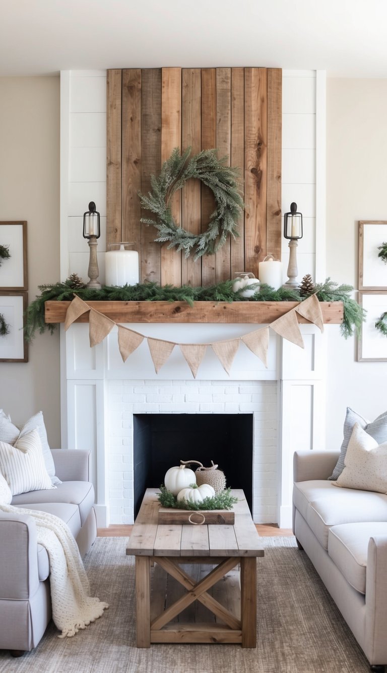 Farmhouse mantel decor idea featuring cedar plank accent, white brick fireplace, wood mantel, lanterns, greenery, and burlap banner.