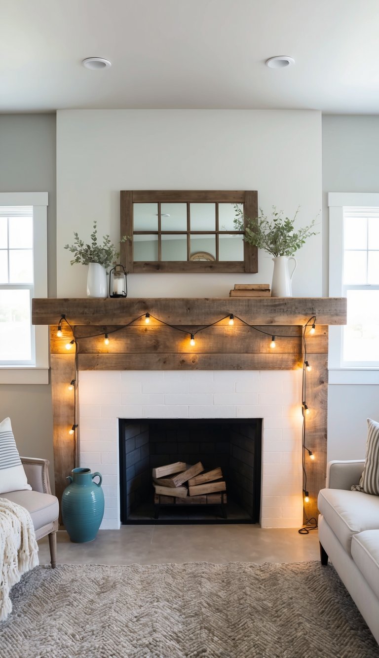 Rustic farmhouse mantel decor idea featuring wood beam surround, café string lights, windowpane mirror, lantern, and white brick fireplace.