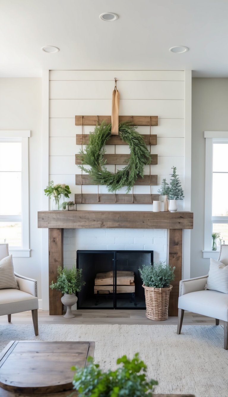 Farmhouse mantel decor idea with wood slat backdrop, large green wreath, rustic wood mantel, black glass fireplace insert, and potted greenery.
