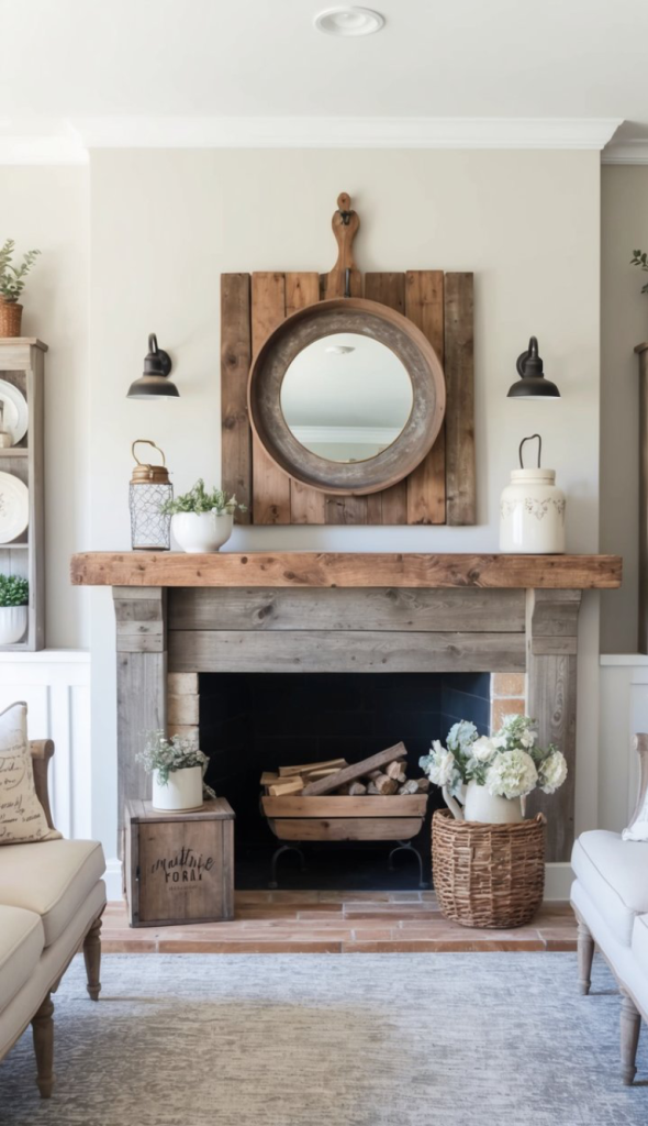 A modern living room featuring a rustic fireplace with a wooden mantel. Above the mantel is a circular mirror framed in wood, surrounded by wood planks, and two black wall sconces are mounted on either side. Decorative elements include a plant in a white pot, a vintage-style jar, and a woven basket filled with white flowers. The room has light-colored walls and a textured area rug, with a cozy seating area including light-colored chairs.