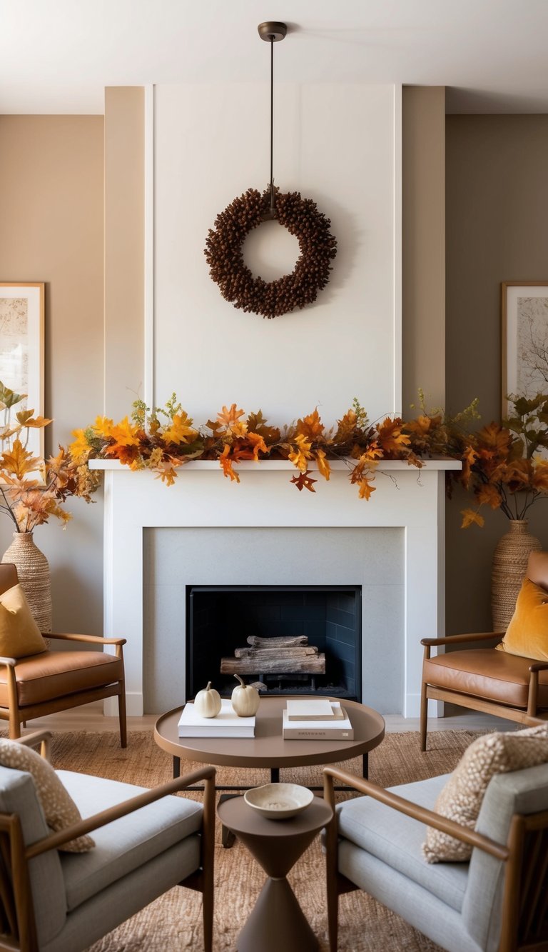Thanksgiving mantel styling idea in a modern living room with white fireplace surround, pinecone wreath above, fall leaf garland across the mantel, and symmetrical leather chairs facing the hearth.
