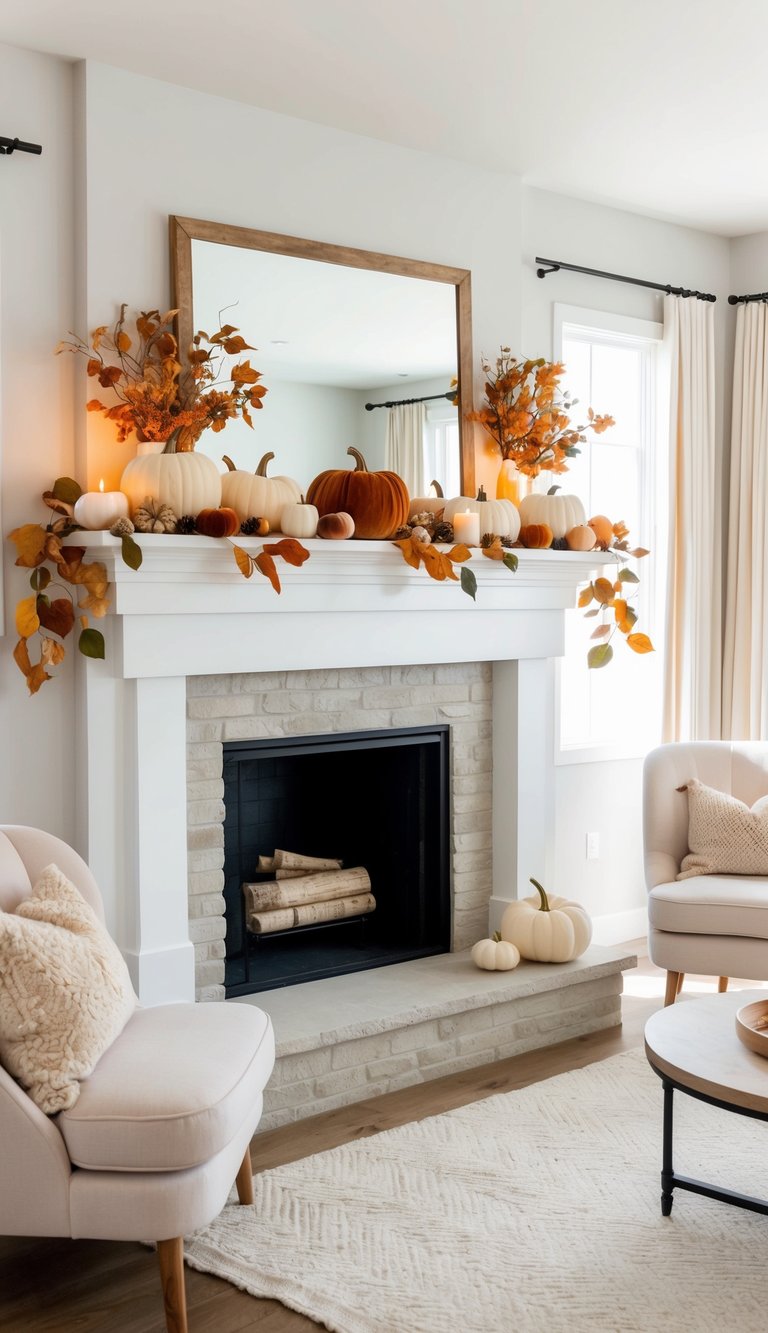Thanksgiving mantel styling idea with white farmhouse mantel, light brick fireplace, wood-framed mirror, layered pumpkins, trailing fall leaves, and glowing candles in a bright living room.