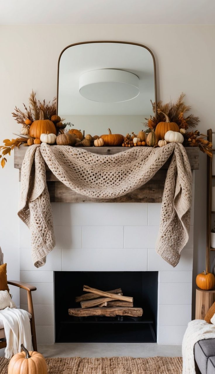 Thanksgiving mantel styling idea with reclaimed wood mantel, chunky knit throw draped across, mixed pumpkins, dried grasses, and rounded mirror above a white tile fireplace.