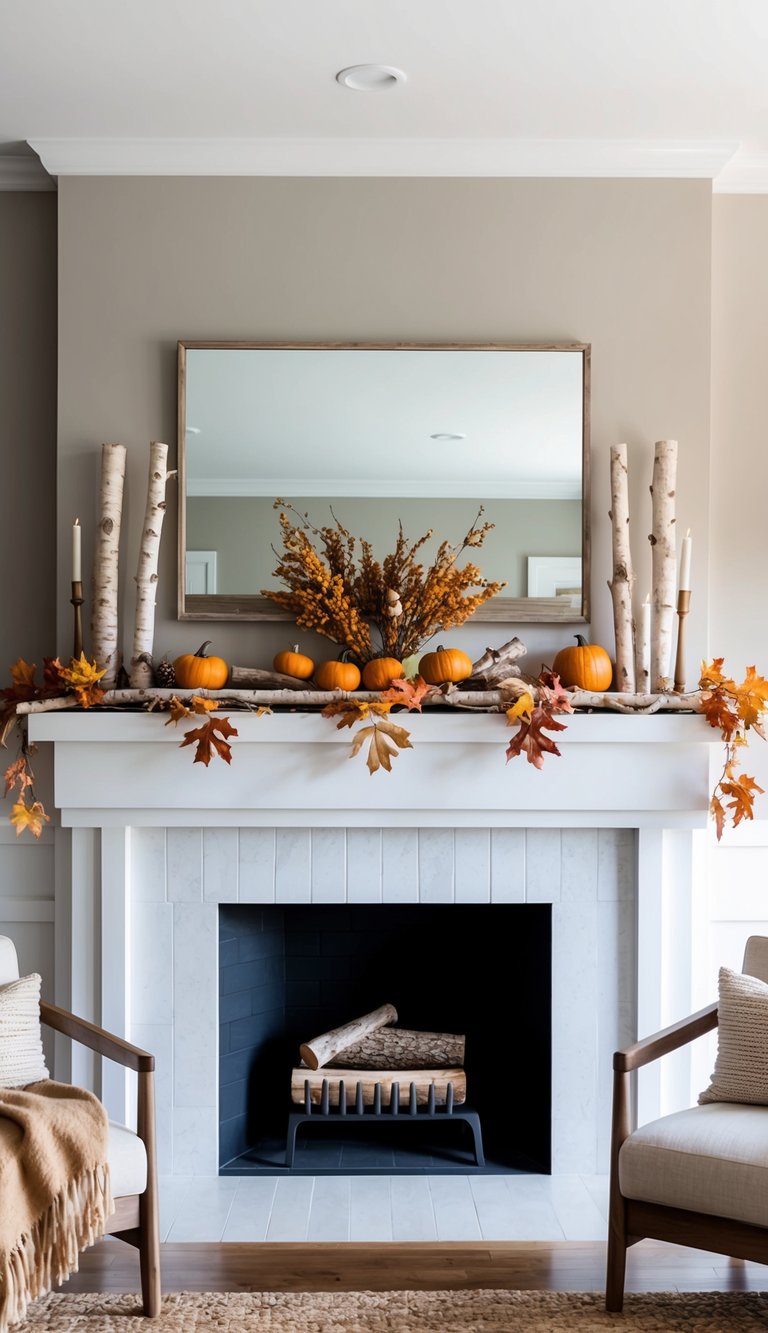 Thanksgiving mantel styling idea with white fireplace, birch logs arranged vertically, orange pumpkins, autumn leaves, wood-framed mirror, and white tile surround with black firebox.