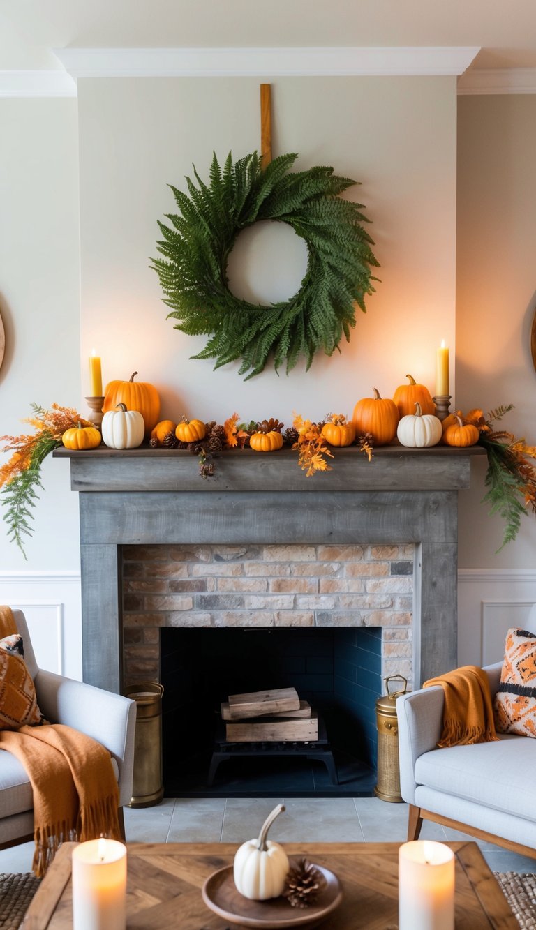 Thanksgiving mantel styling idea with gray wood mantel, fern wreath above, orange and white pumpkins, pinecones, fall garland, and brick fireplace surround.