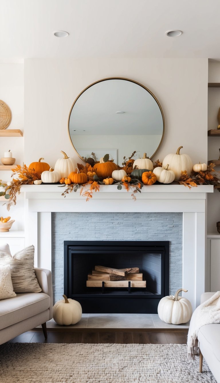 Thanksgiving mantel styling idea with round mirror above white fireplace, layered white and orange pumpkins, fall foliage garland, and gray tile firebox in a modern living room.