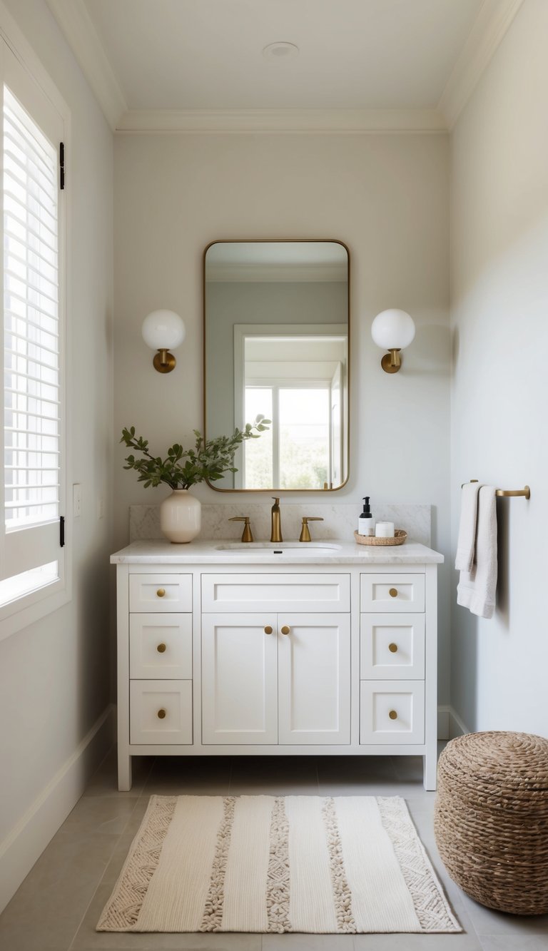 Classic neutral bathroom idea featuring white vanity, brass fixtures, marble top, globe sconces, and window shutters.