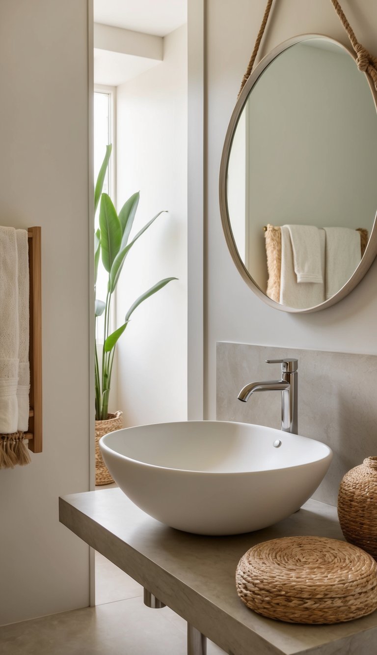 Minimal neutral bathroom idea with round vessel basin, floating vanity slab, circular mirror, woven decor, and light stone surface.