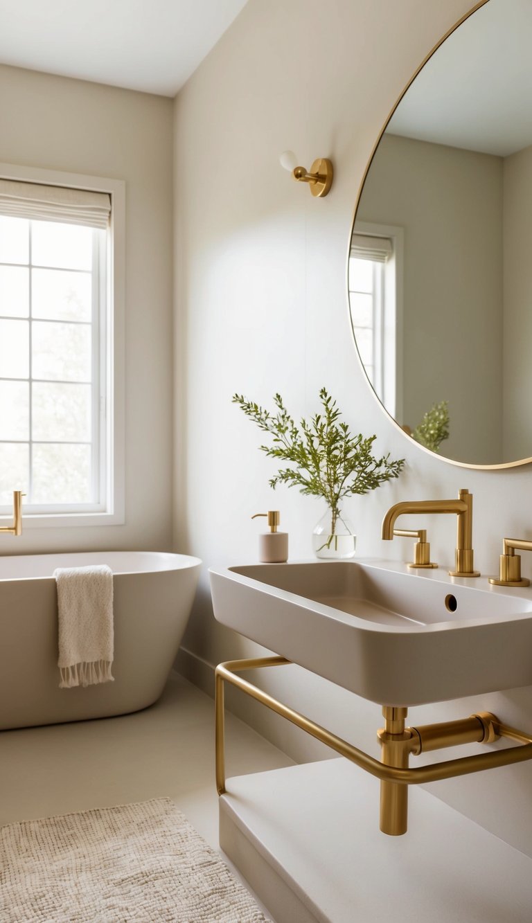 Modern neutral bathroom idea featuring brass faucet, open-frame sink console, round mirror, freestanding tub, and soft beige walls.