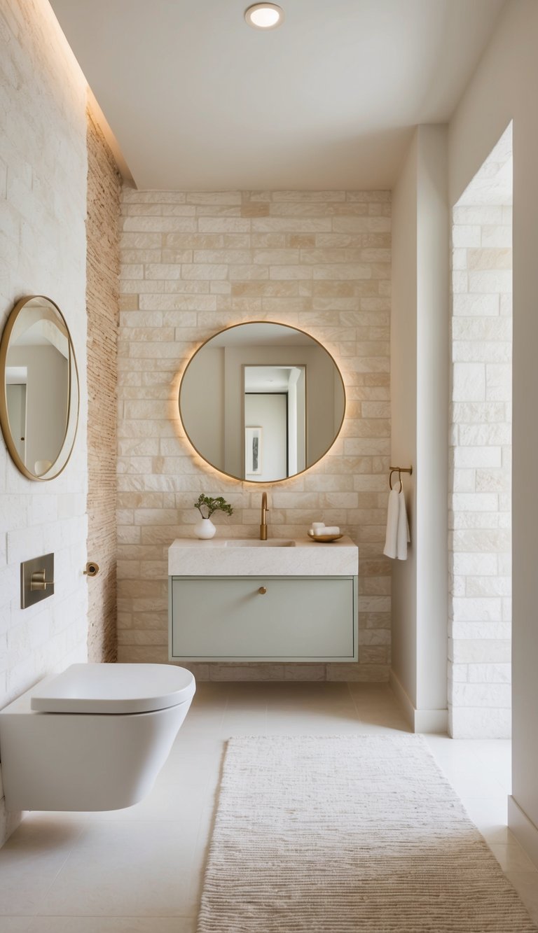Modern neutral bathroom idea featuring limestone-look tile wall, floating green vanity, halo round mirror, brass fixtures, and minimalist layout.