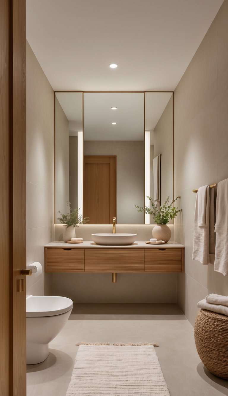 Contemporary neutral bathroom idea with slatted floating vanity, round vessel basin, brass faucet, recessed lighting, and soft beige finishes.