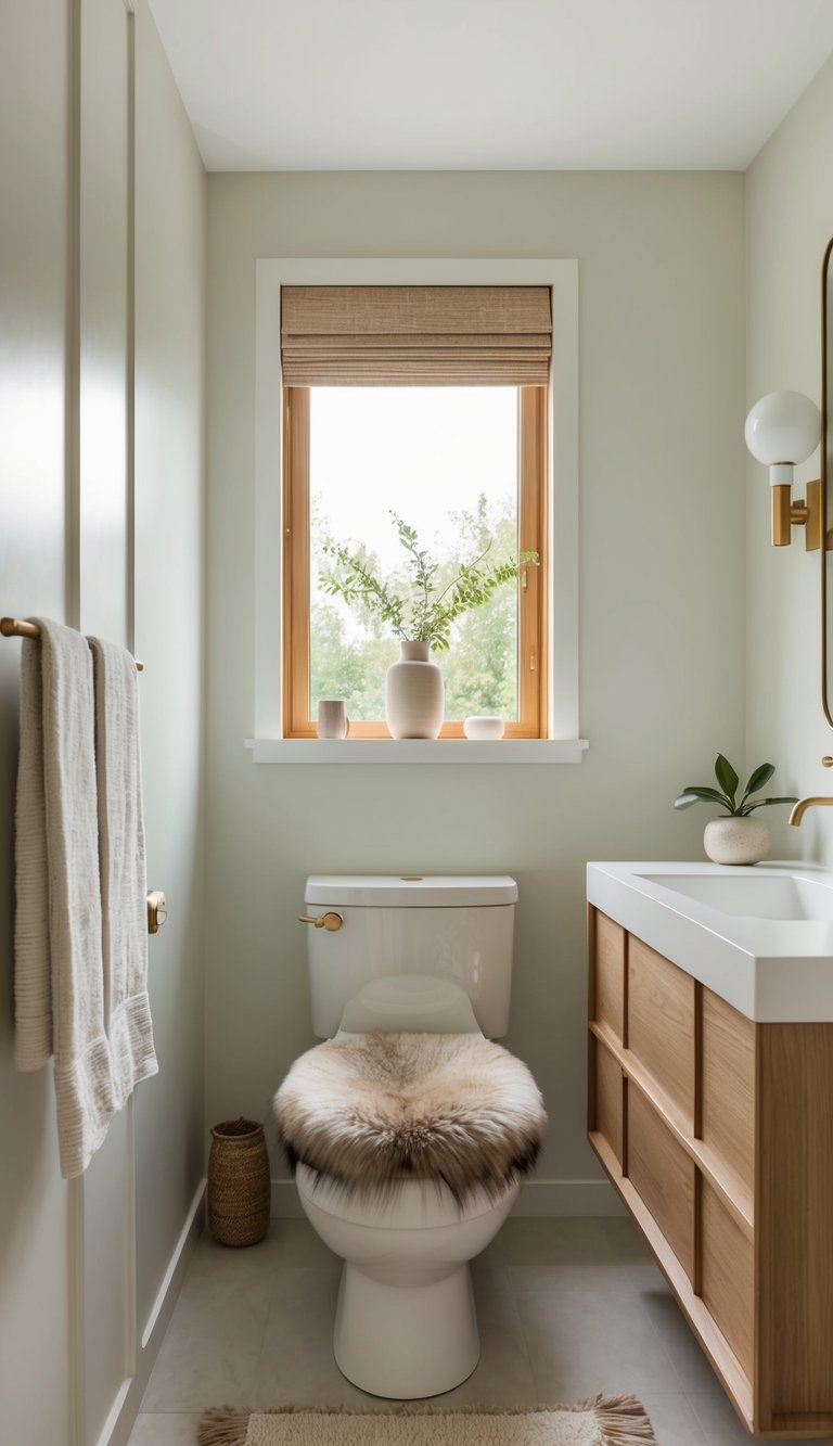 Modern neutral bathroom idea featuring wood-framed window, woven shade, brass faucet, wood vanity, and soft green walls.