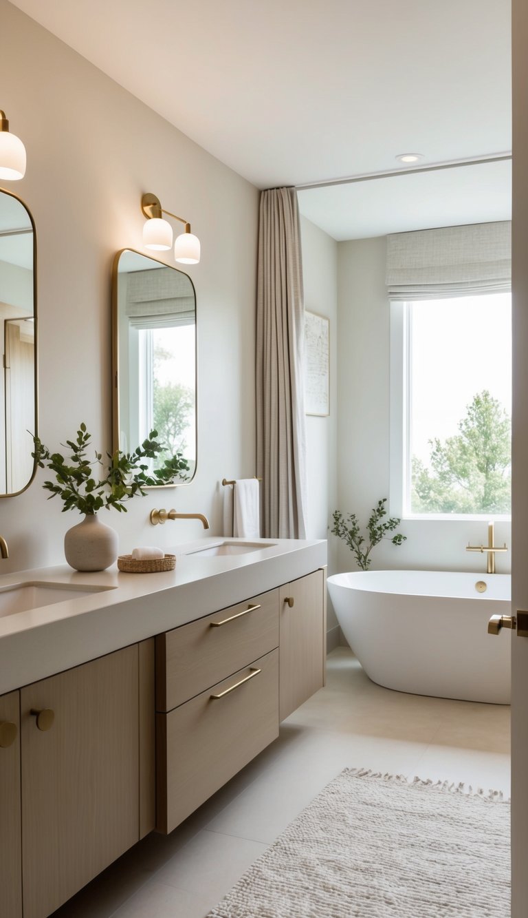 Freestanding white soaking tub beside a window, paired with a light wood double vanity, arched mirrors, brass faucets, and soft linen window treatments in a neutral bathroom idea.