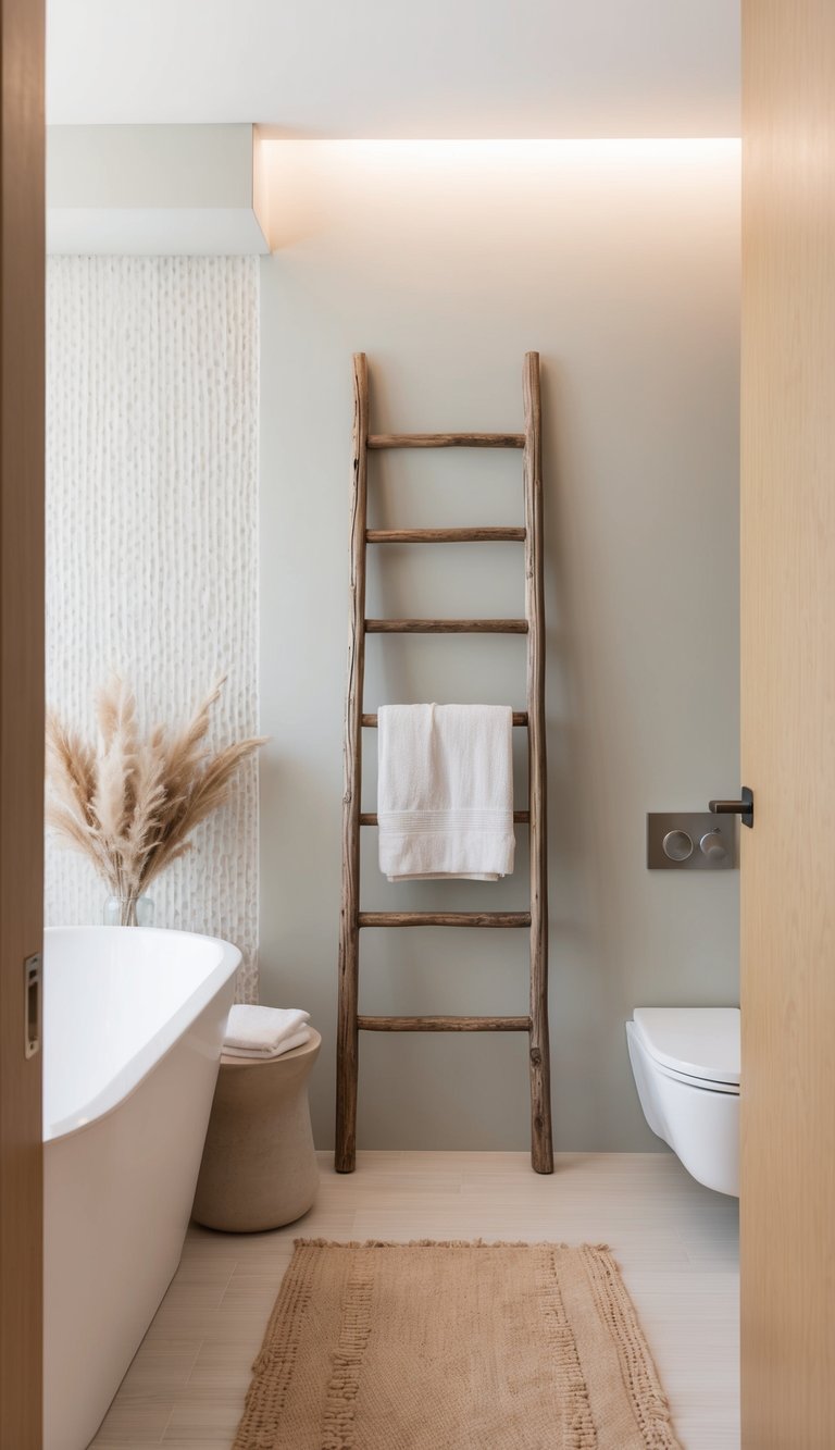 Neutral bathroom idea featuring a rustic wood ladder towel rack, freestanding white bathtub, wall-hung toilet, woven rug, and soft beige walls.
