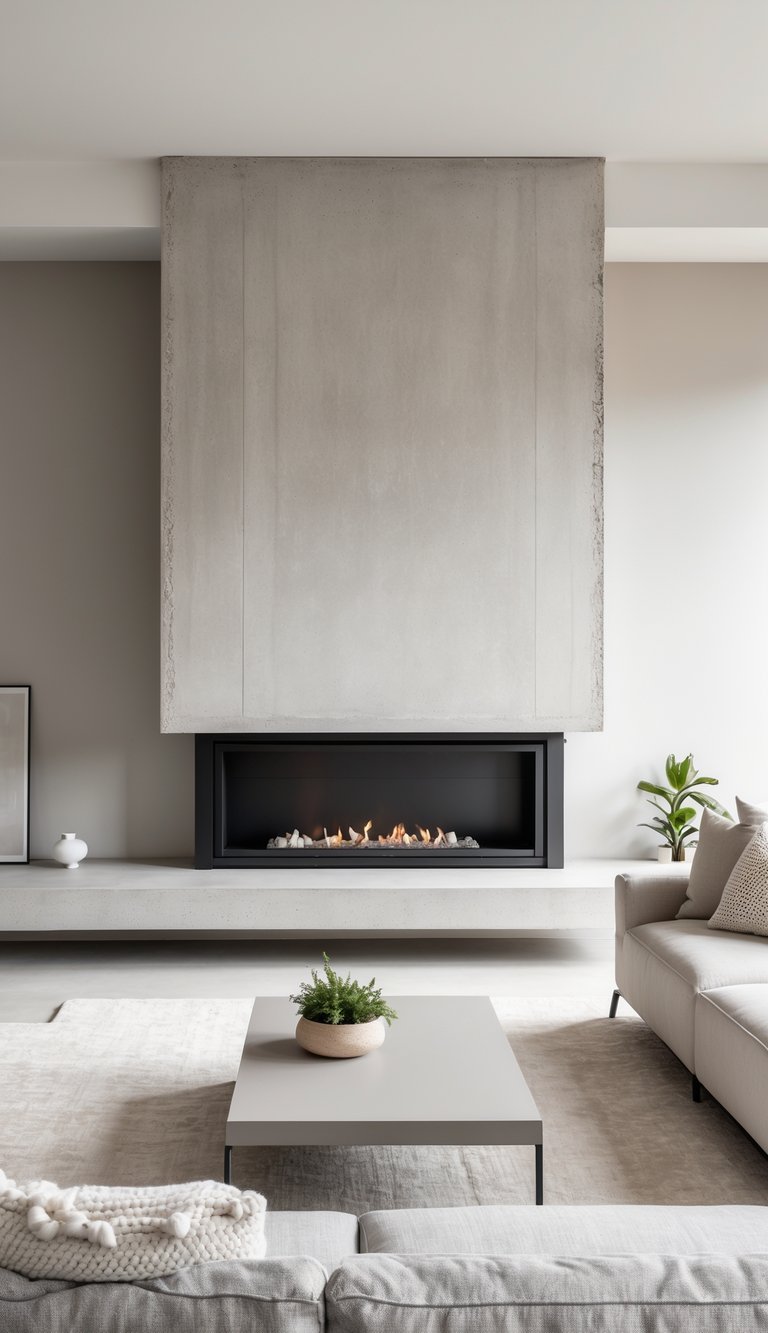 A bright living room with a concrete fireplace, modern furniture, and an uncluttered, welcoming space.
