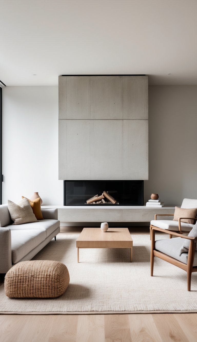 Concrete fireplace ideas showing a cast-in-place floor-to-ceiling concrete surround, recessed linear firebox, and cantilevered hearth bench in a modern minimalist space.