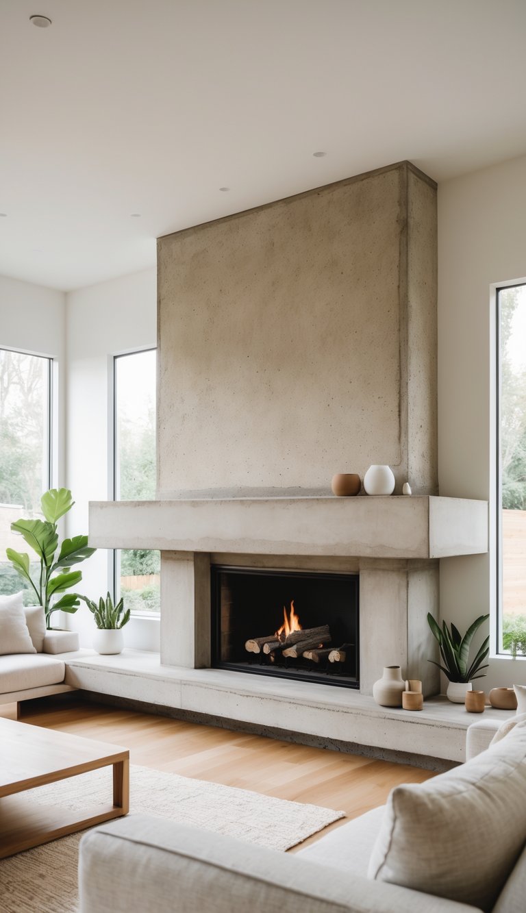 Concrete fireplace ideas with board-form style concrete chimney, thick cantilevered hearth, rectangular firebox, and integrated concrete bench in a bright modern living room.