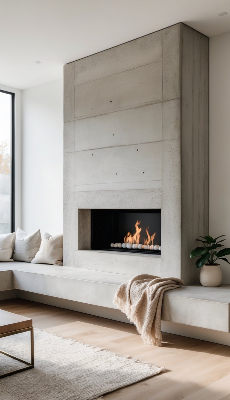 Concrete fireplace ideas featuring a grid-scored cast-in-place concrete surround, low linear firebox, and extended concrete hearth bench in a minimalist living room.