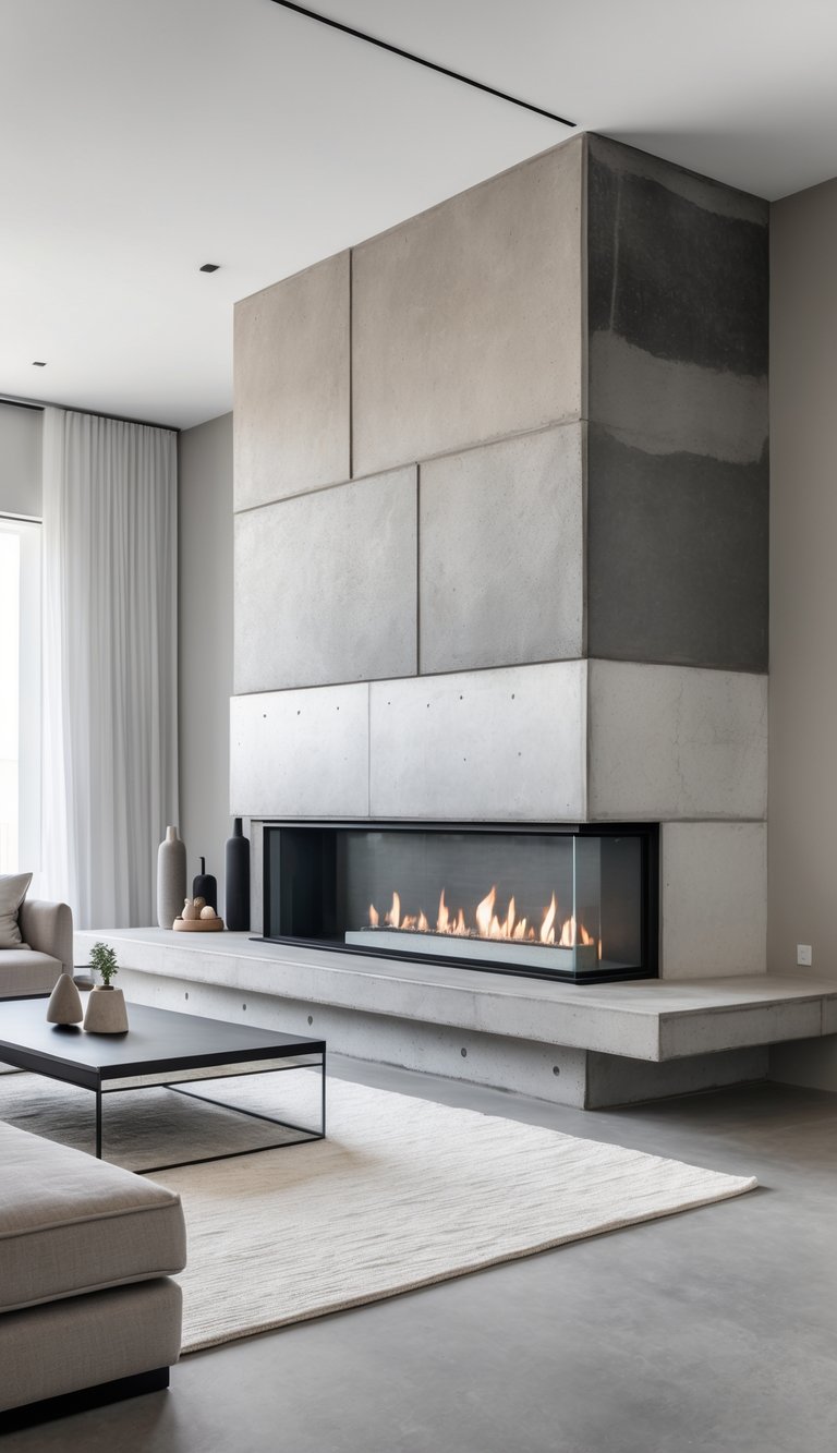 Concrete fireplace ideas with Brutalist-style panel grid surround, exposed form-tie holes, three-sided linear firebox, and extended concrete bench hearth.