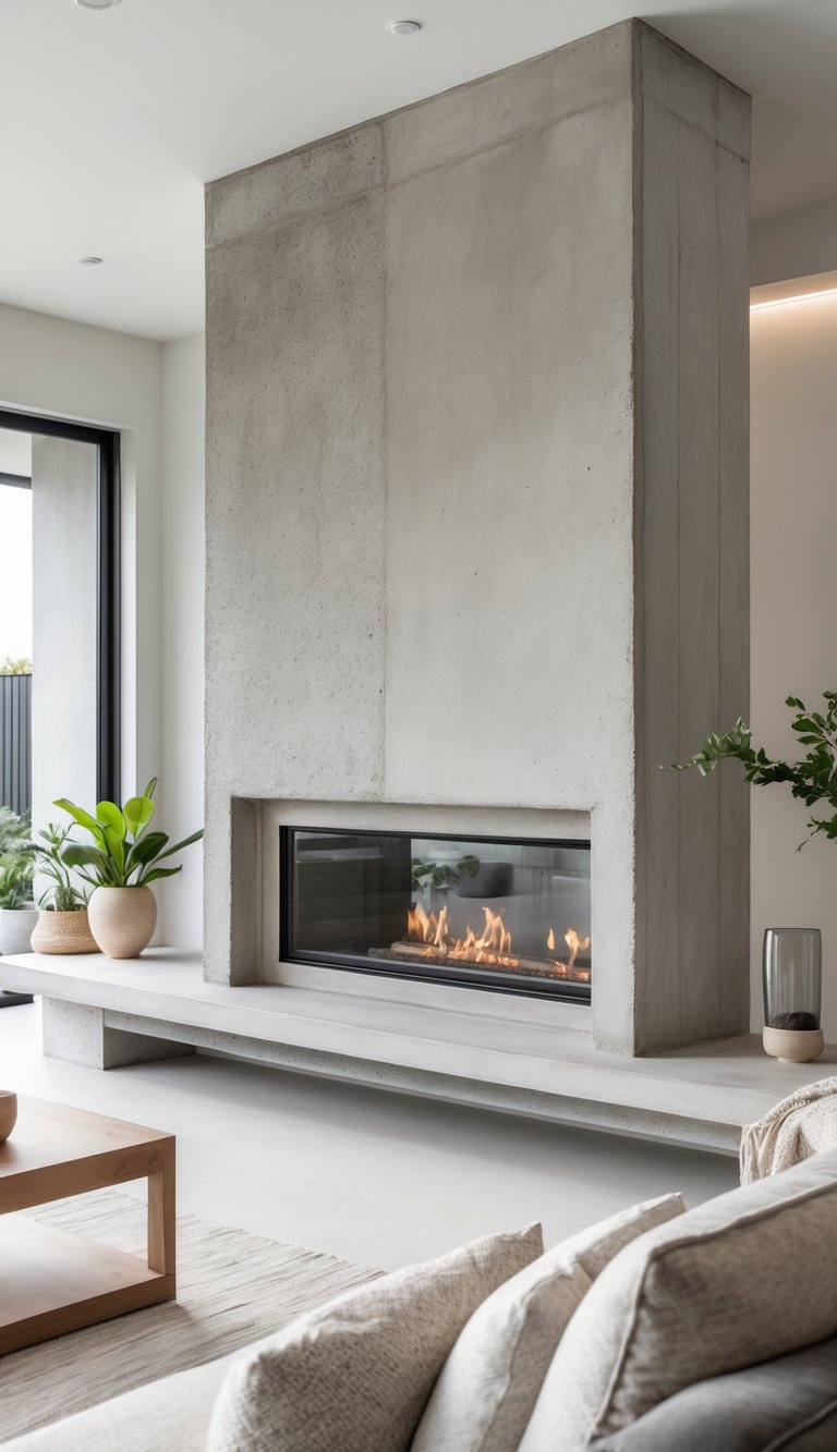 Floor-to-ceiling concrete fireplace ideas with monolithic poured concrete surround and long linear firebox in a minimalist living room.
