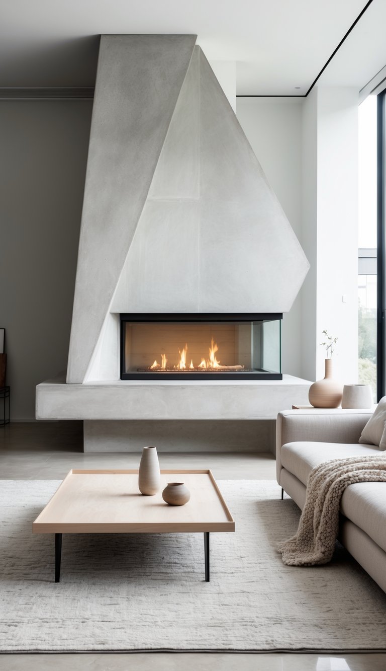 Concrete fireplace ideas featuring faceted geometric concrete surround with three-sided glass firebox and cantilevered concrete hearth in modern living room.