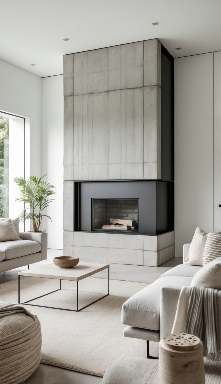 Modern concrete fireplace ideas featuring poured concrete chimney breast with recessed black steel firebox and minimalist concrete hearth.