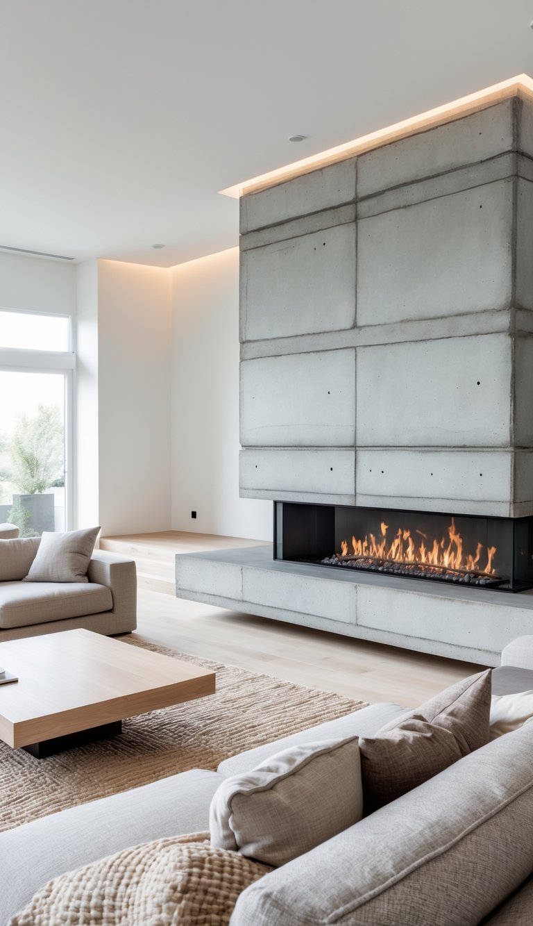 Concrete fireplace ideas with panelized cast-in-place concrete surround, visible form-tie marks, overhanging chimney mass, and extra-long linear gas firebox.